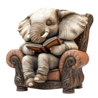 A relaxed elephant enjoys storytime in a cozy chair while reading a book in a peaceful setting, A laidback elephant reading a book in a cozy armchair on transparent background png