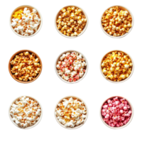 Colorful assortment of popcorn bowls arranged neatly on a transparent background for snacks or party treats, Various Popcorn Bowls on transparent background png
