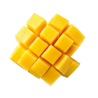 Fresh mango slices cut into cubes isolated on a transparent background showcasing vibrant colors and juicy texture, Mango slice cut to cubes closeup isolated on transparent background png