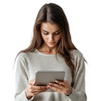 Attractive girl focused on using her tablet in a cozy indoor setting during the daytime, attractive girl using tablet, file of isolated object with shadow on transparent background png