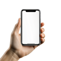 A hand holding a mobile phone mockup with a blank screen displayed against a light background, Hand holding mobile phone screen mockup, iphone mock up isolated on transparent background png
