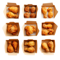 A delicious assortment of fried chicken served in square brown cardboard containers for an appetizing meal experience, fried chicken in square brown card box paper isolated on transparent background png