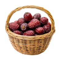 Dried red dates or Chinese jujube in a woven basket over a transparent surface, highlighting natural textures and colors, Dried red date or Chinese jujube in basket on transparent background png