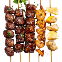 Delicious skewers of teriyaki chicken, beef satay, and garlic shrimp served with lemon slices, Skewers with Teriyaki Chicken, Beef Satay, and Garlic Lemon Shrimp on transparent background png