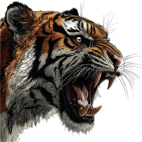 Angry tiger profile view against a transparent background exhibiting fierce expression and strength, Angry Tiger Profile View on transparent background png