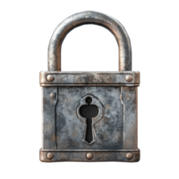 Realistic rendering of a metallic padlock with a keyhole against a plain background, Lock with key isolated 3d Rendering png