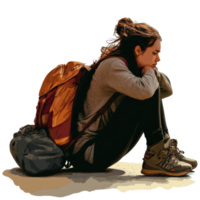 uma cansado mulher viajante descansos em a terra com uma mochila depois de uma grandes viagem dentro a desconhecido localização, Arquivo não fundo cansado viajante mulher esperando sozinho png