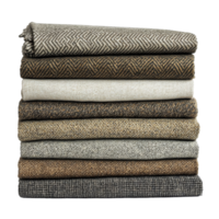 Stack of neutral tweed fabrics isolated on a solid transparent background showcasing texture and color variety, stack of Tweed fabric, transparent isolated on solid transparent background png