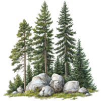 A serene spruce forest with prominent rocks set against lush greenery in a tranquil, natural landscape, spruce forest with rocks, file of isolated object on transparent background png