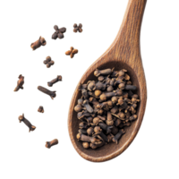 Cloves spice on a wooden spoon showcasing natural texture against a transparent background for culinary uses, cloves spices in spoon on transparent background png