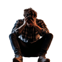 A young man sits with his head in his hands, expressing deep discomfort and emotional distress in a minimalistic setting, file no background Uncomfortable emotional man sitting and sweating png