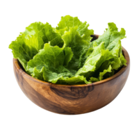 Fresh lettuce leaves in a wooden bowl on a transparent background ready for salads and healthy meals, Lettuce leaves in wood bowl isolated on transparent background png