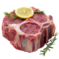 Isolated raw beef shank with fresh lemon slice and rosemary garnish on a transparent background, Isolated raw beef shank png