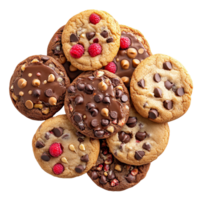 Delicious assortment of chocolate chip cookies topped with Nutella, caramel, and fresh raspberries on a clean surface, Chocolate Chip, Nutella, Caramel, and Raspberry Cookies on transparent background png