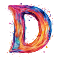 Colorful artistic representation of the letter D surrounded by vibrant splashes of paint on a transparent background, consonant letter d is used to make words on transparent backgroundfile png