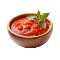Fresh tomato sauce in a wooden bowl with basil leaves on a transparent background ready for culinary use, Tomato sauce in wood bowl isolated on transparent background png