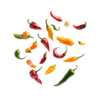Colorful chillies floating in the air against a transparent background, showcasing their diverse shapes and hues, Various chillies floating on the air isolated on transparent backgroud png