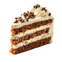 Delicious isolated slice of carrot cake with creamy frosting and chocolate shavings on top for dessert lovers, Isolated slice of carrot cake with cheese cream png
