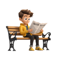 Cartoon character sitting on a bench reading a newspaper during a sunny day, 3d cartoon character male reading newspaper on a bench, on transparent background png