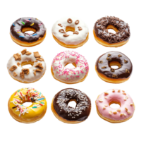 Assorted donuts featuring various toppings arranged on a transparent transparent background, Assorted Donuts with Various Toppings on transparent background png