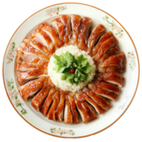 Savor the rich flavors of a top view peking duck platter with rice and cilantro ready to enjoy, top view delicious peking duck food plate on a transparent background png