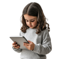 A young girl focused on her tablet in a cozy indoor setting, engaged in learning and exploration, kid girl using tablet, file of isolated object with shadow on transparent background png