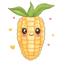 Cute kawaii corn character with big eyes and smiling face on a transparent background surrounded by small hearts, Kawaiistyle cute corn on a transparent background png