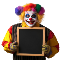 A cheerful clown holds a blank board while showcasing a colorful costume against a bright transparent background, clown with blank board isolated on transparent background png