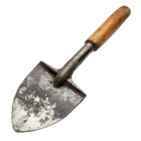 An old, worn trowel resting on a transparent background, showcasing signs of extensive use and gardening heritage, old trowel isolated on transparent backgroundfile png