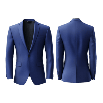 Elegant blue suit jacket mockup displayed from front and back angles for design presentation, Elegant Blue Suit Jacket Mockup from Front and Back Views on transparent background png
