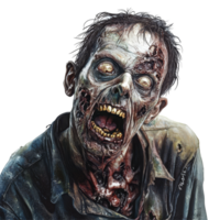 A terrifying zombie with gruesome features contrasts starkly against a transparent background, creating an eerie scene, Scary Horror Zombie on transparent background png