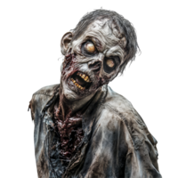 A terrifying zombie isolated on a transparent background showcasing chilling details and a haunting expression, Scary Zombie Portrayed Isolated on transparent background png