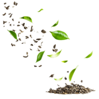 Elegant tea leaves and fragments floating gracefully in the air against a pure transparent background, tea leaves flying in air isolated transparent background cutout png