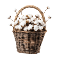 A woven basket filled with fluffy cotton bolls on a clean transparent background, showcasing natural beauty and rustic charm, cotton in the basket on transparent background png