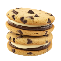 Delicious chocolate chip sandwich cookies with cream filling stacked on a clean surface, Chocolate chip and sandwich cookies with cream on transparent background png