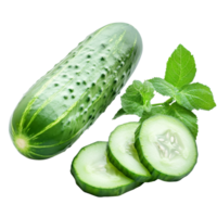 Fresh cucumber and sliced pieces with mint leaves on a transparent background showcasing healthy ingredients for salads or sandwiches, Cucumber and slices isolated on transparent background png