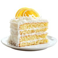 Lemon coconut cake with fresh lemon slices on a plate against a clean transparent background, lemon coconut cake isolated on transparent background png