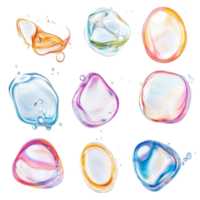 Colorful soap bubbles arrayed against a transparent background showcasing vibrant hues and delicate shapes in bright light, Colorful Soap Bubbles Set on transparent background png