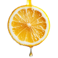 Fresh lemon slice with juice dripping against a clean transparent background captured in bright natural light, lemon slice with juice dripping on transparent background png