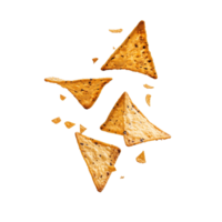 Tortilla chips levitate and cascade in midair against a bright transparent background, creating a playful effect, tortilla chip levitating, falling, flying transparent background png