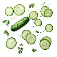 Fresh cucumber and sliced pieces arranged artistically on a clean transparent background with herbs and spices scattered, Cucumber and slices isolated transparent background png