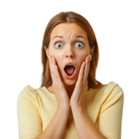 Shocked woman displaying surprise and fear with hands on her face against a plain transparent background, shocked woman surprised and scared, file of isolated object on transparent background png