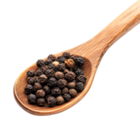 Szechuan peppercorns in a wooden spoon on a clean transparent background showcasing culinary spice usage, Szetchwan pepper in wood spoon on transparent background png