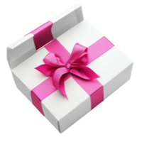 An open gift box with a pink ribbon on a bright transparent background showcasing surprise and celebration, Open gift box isolated on transparent png