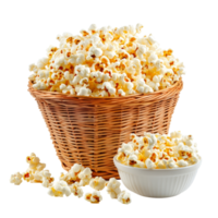 Freshly popped popcorn piled high in a woven basket and a small bowl on isolated transparent background, popcorn in basket and bowl isolated on transparent background png