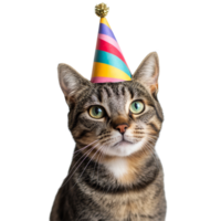 Tabby cat wearing a colorful party hat against a transparent background celebrating a joyful occasion, Tabby Cat with Colorful Party Hat on transparent background png