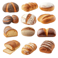 An assortment of freshly baked breads displayed on a transparent surface, showcasing diverse textures and flavors, Delicious different sort of bread, bakery on transparent background png
