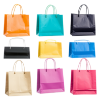 A collection of colorful shopping bags arranged neatly on a transparent background showcasing vibrant styles and designs, Various type of shopping bags isolated png