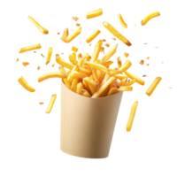 Flying French fries cascading from a paper bucket on a clean transparent background, French fries flying out of paper bucket isolated on a transparent background png