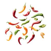 Colorful varieties of chillies floating in midair against a transparent background for culinary inspiration, Various chillies floating on the air isolated on transparent backgroud png